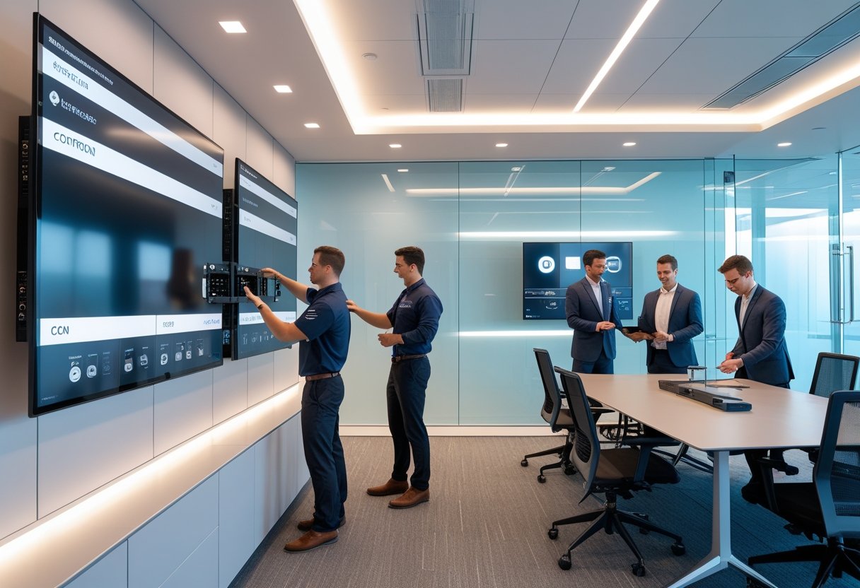 Technicians and professionals working together to install and customize audiovisual equipment in a modern corporate conference room.