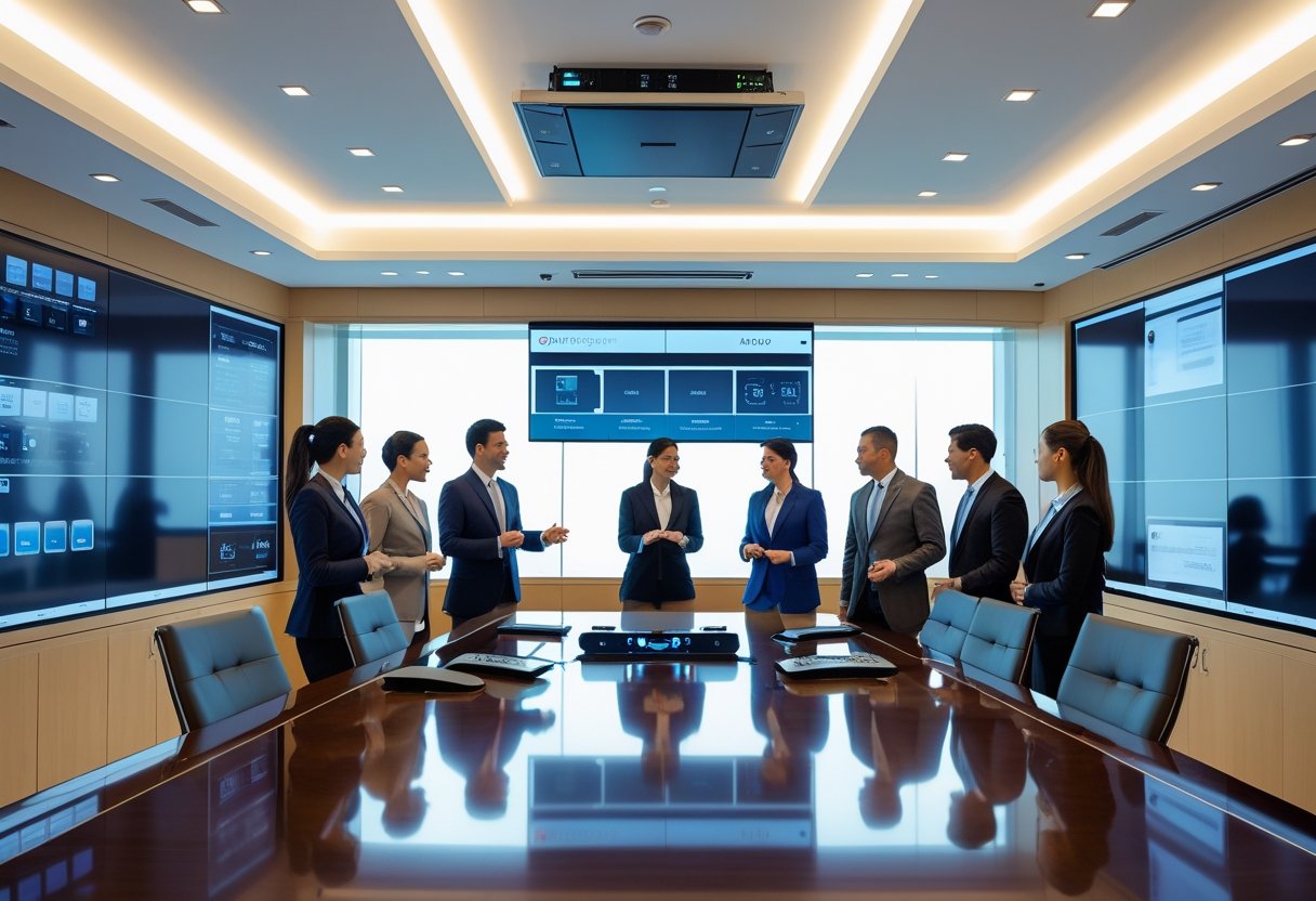 Business professionals collaborating around a conference table with advanced audiovisual equipment and large digital displays in a modern office.