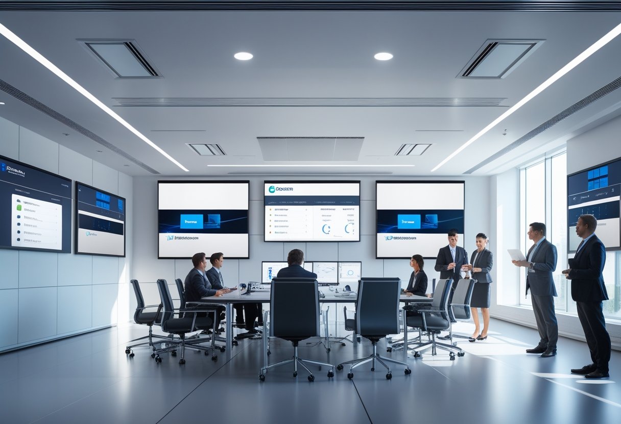 A modern conference room with advanced audiovisual equipment and a team of professionals working on AV system setup.