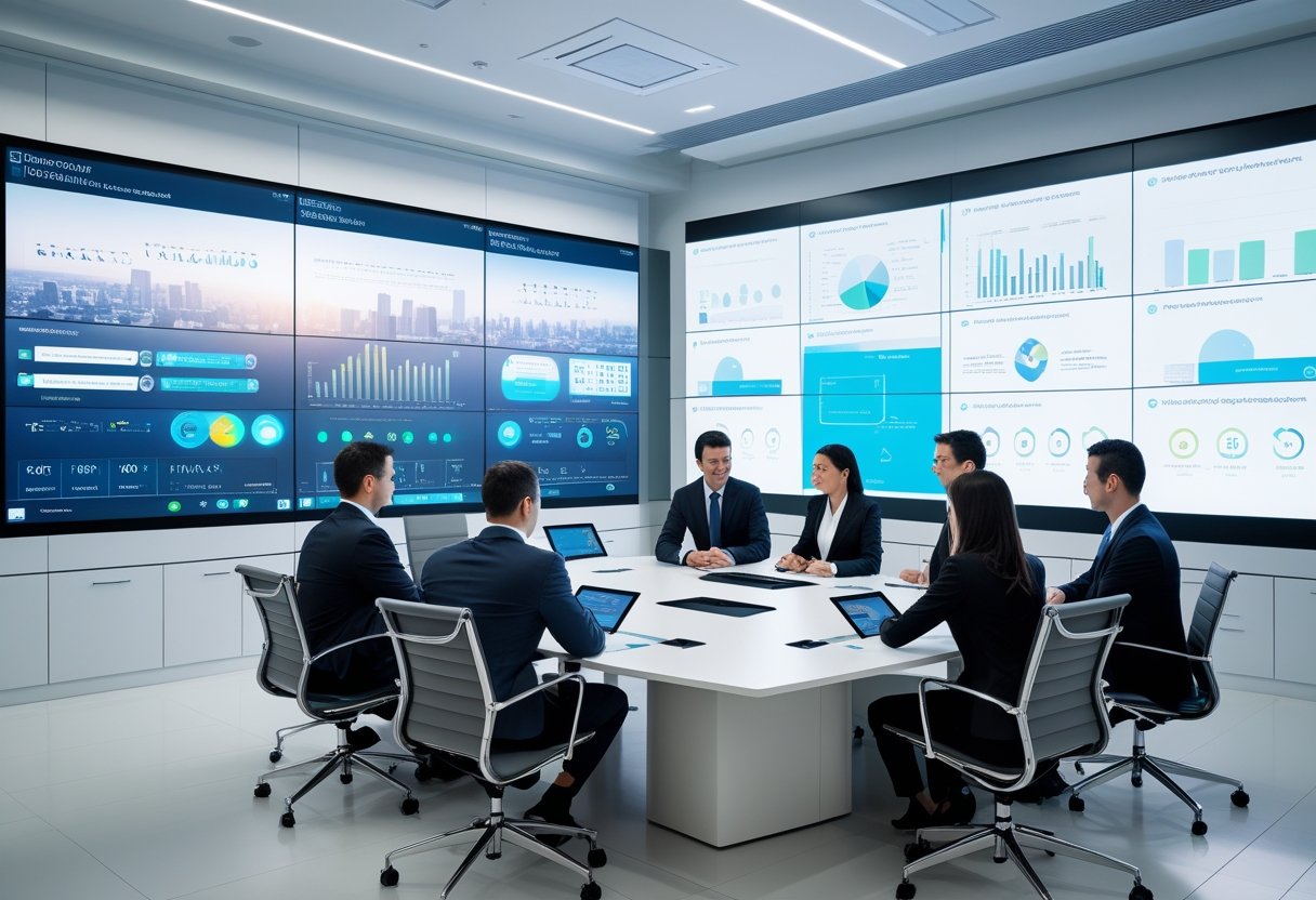 A corporate meeting room with business professionals using advanced audiovisual equipment and digital displays during a discussion.