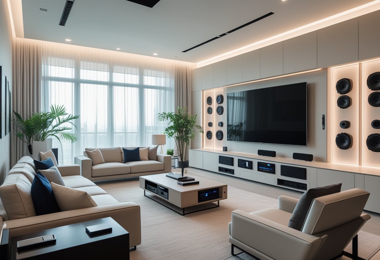 A modern living room with a large flat-screen TV, built-in speakers, and stylish furniture, showing the integration of technology and interior design.