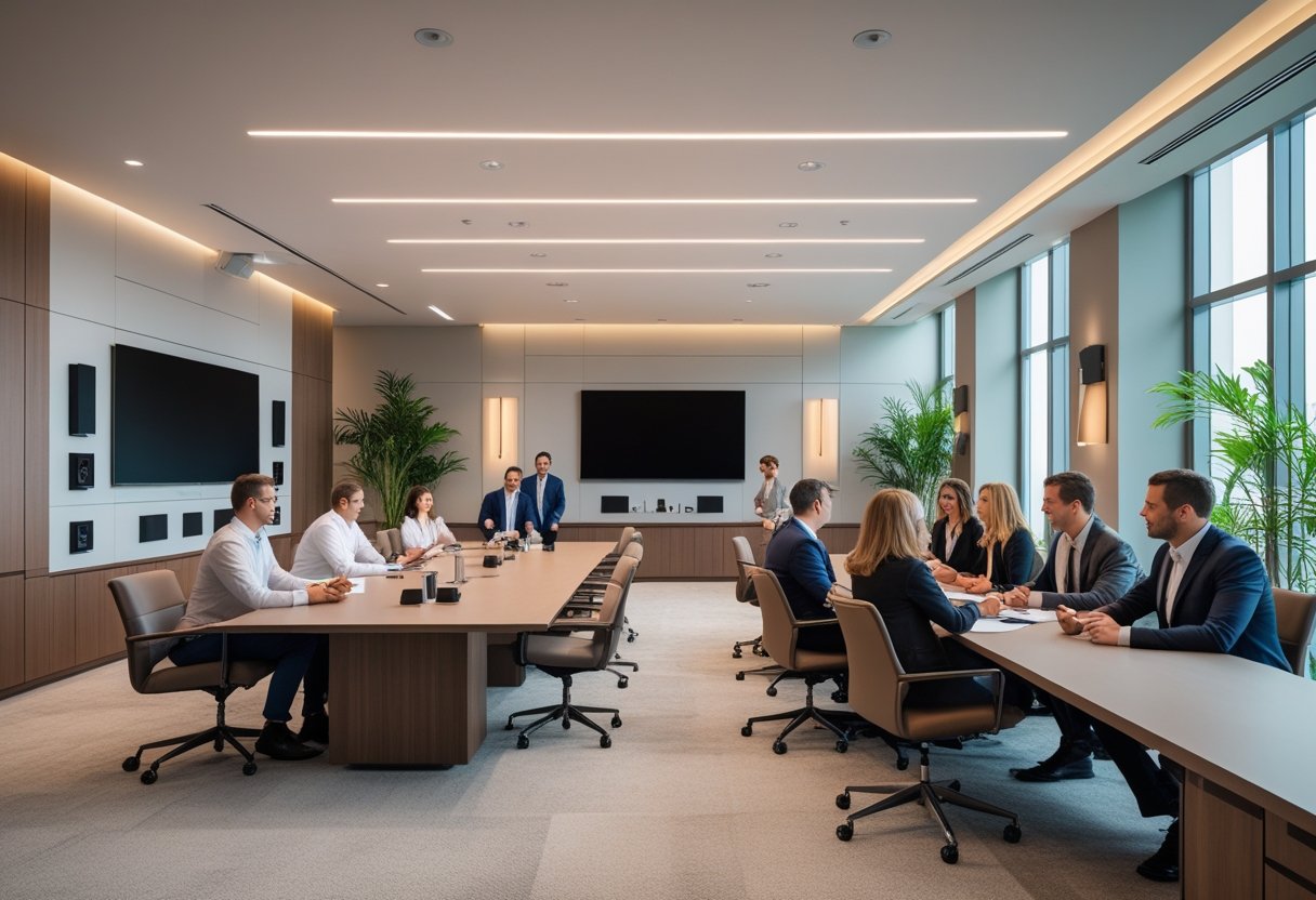 A modern conference room with integrated audiovisual equipment and professionals collaborating around a table.