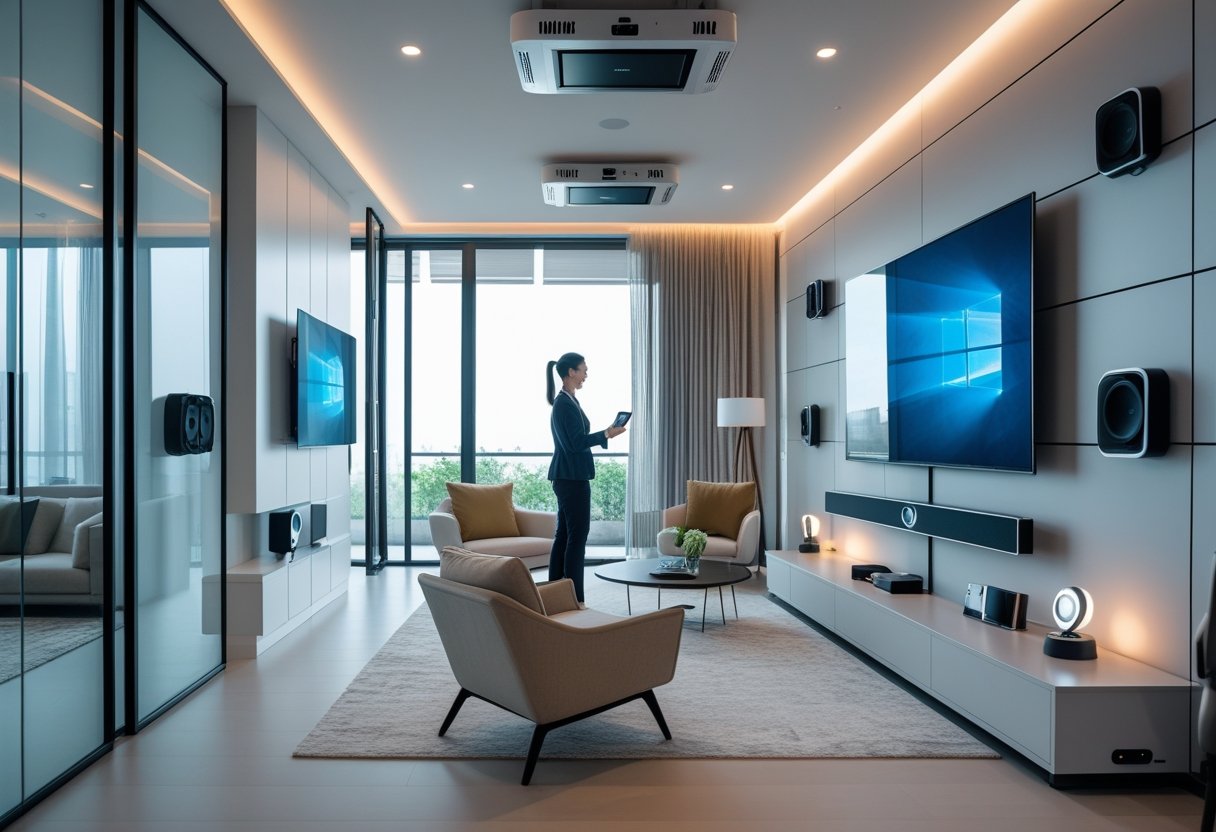 A modern interior space with integrated audiovisual technology and a person using a tablet to control the system.