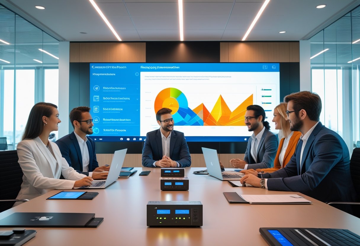A group of professionals in a modern office conference room using advanced audiovisual equipment during a meeting.