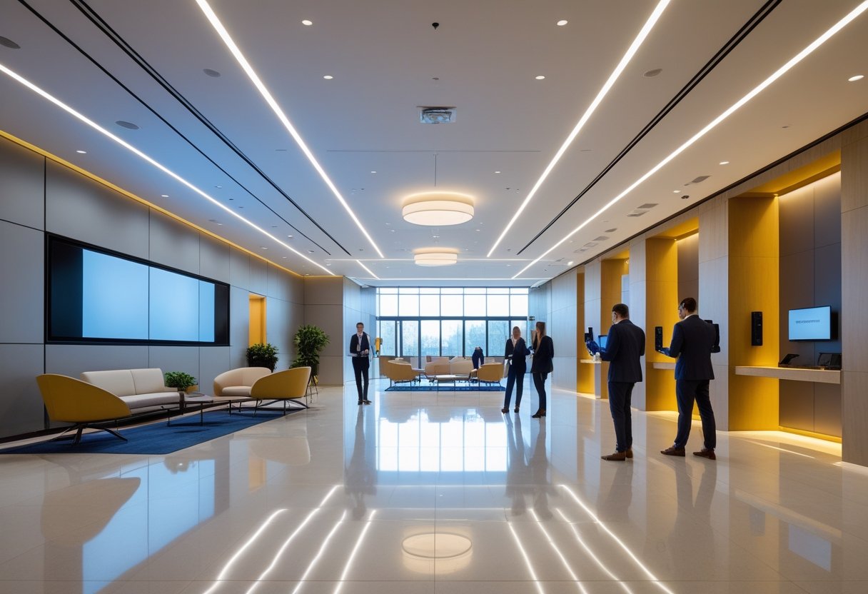 A modern corporate interior space with people using digital devices, featuring large screens and integrated audiovisual equipment.