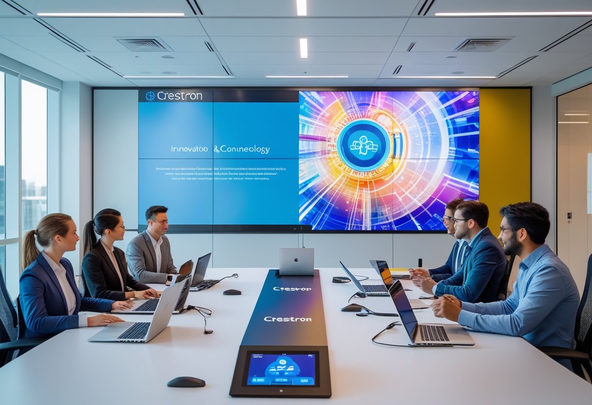 A modern office conference room with professionals using advanced audiovisual equipment during a meeting.