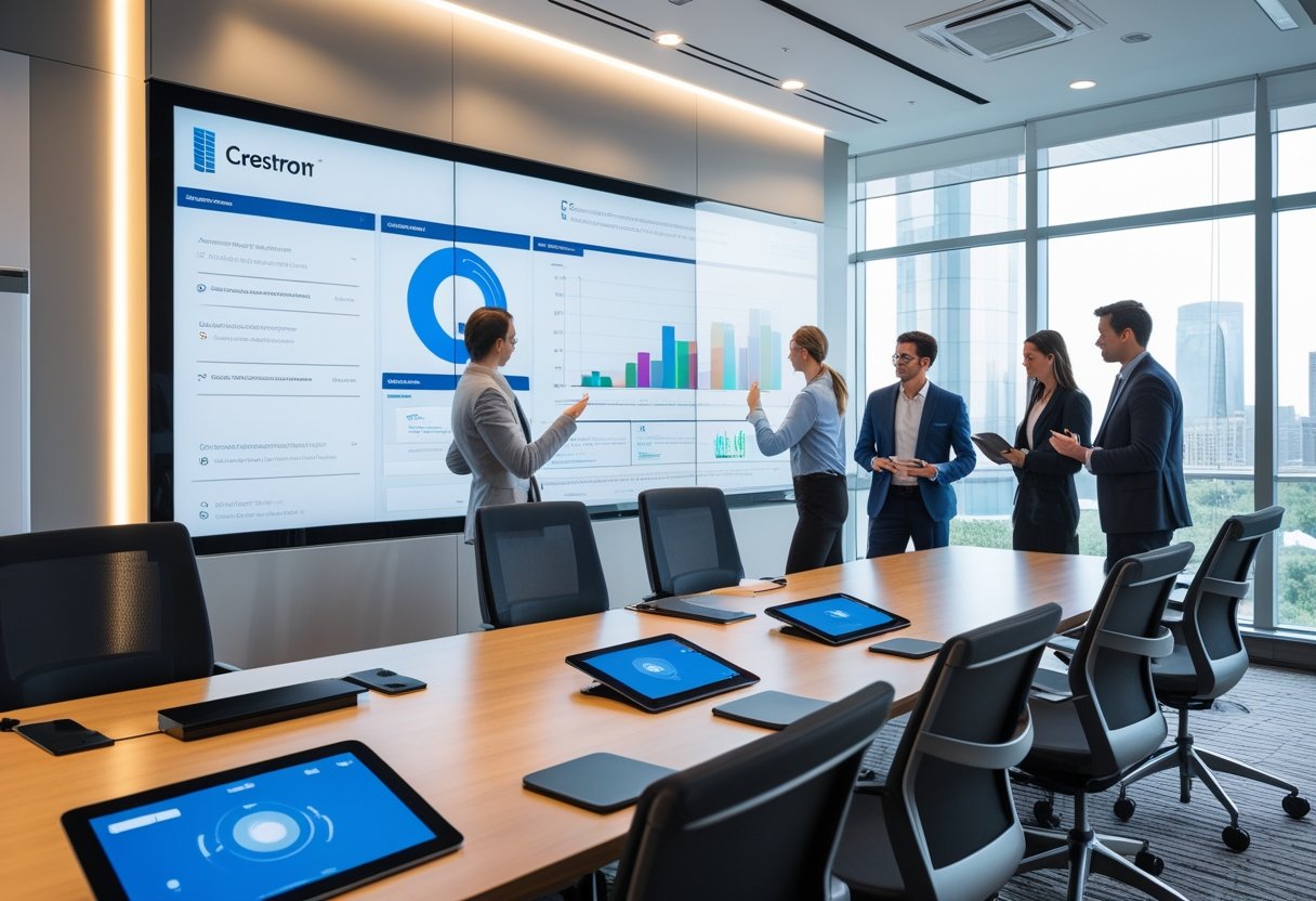 A group of professionals interacting with a large touchscreen display in a modern conference room equipped with advanced technology and wireless devices.