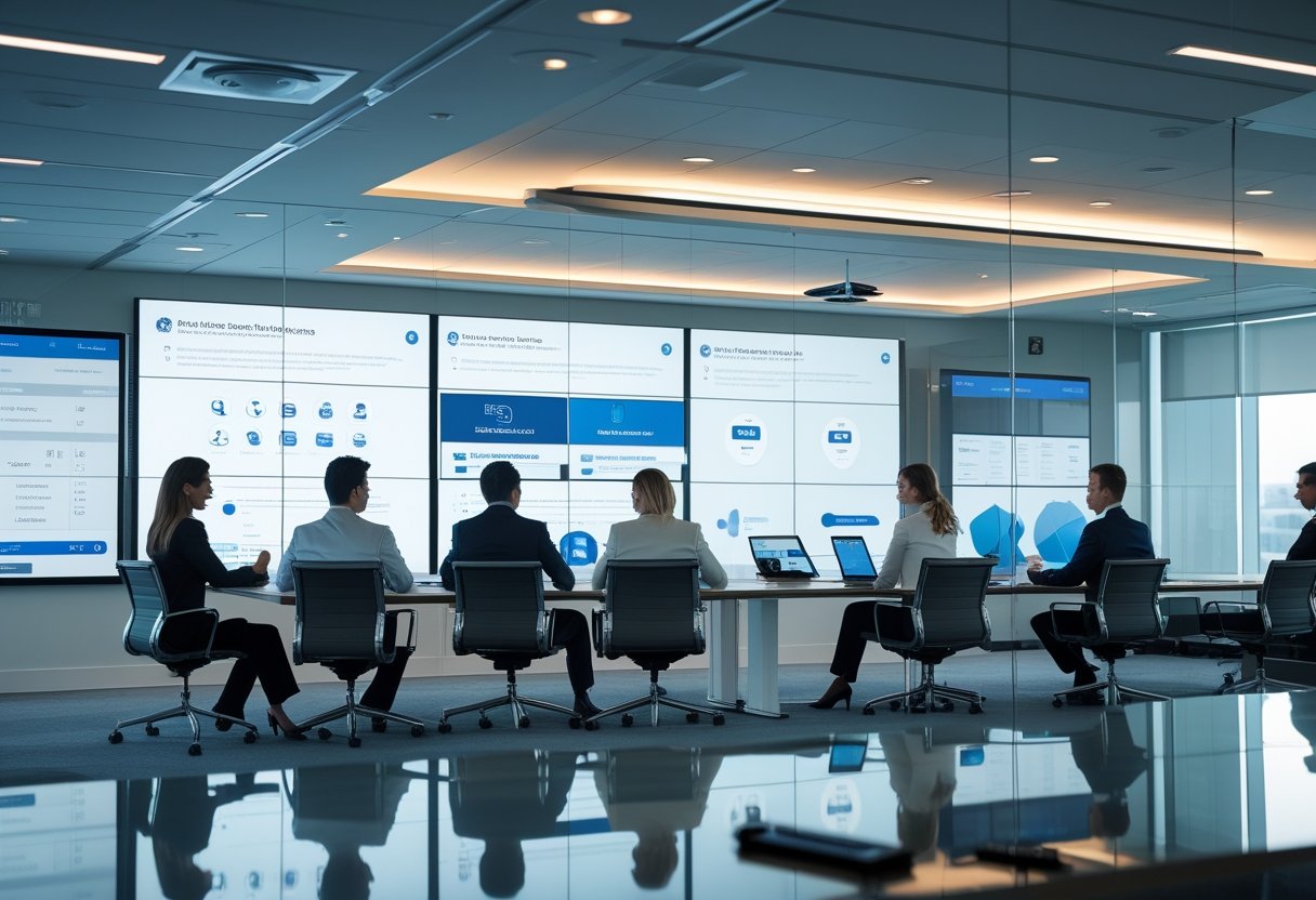 A modern corporate conference room with professionals using advanced technology devices for a meeting.