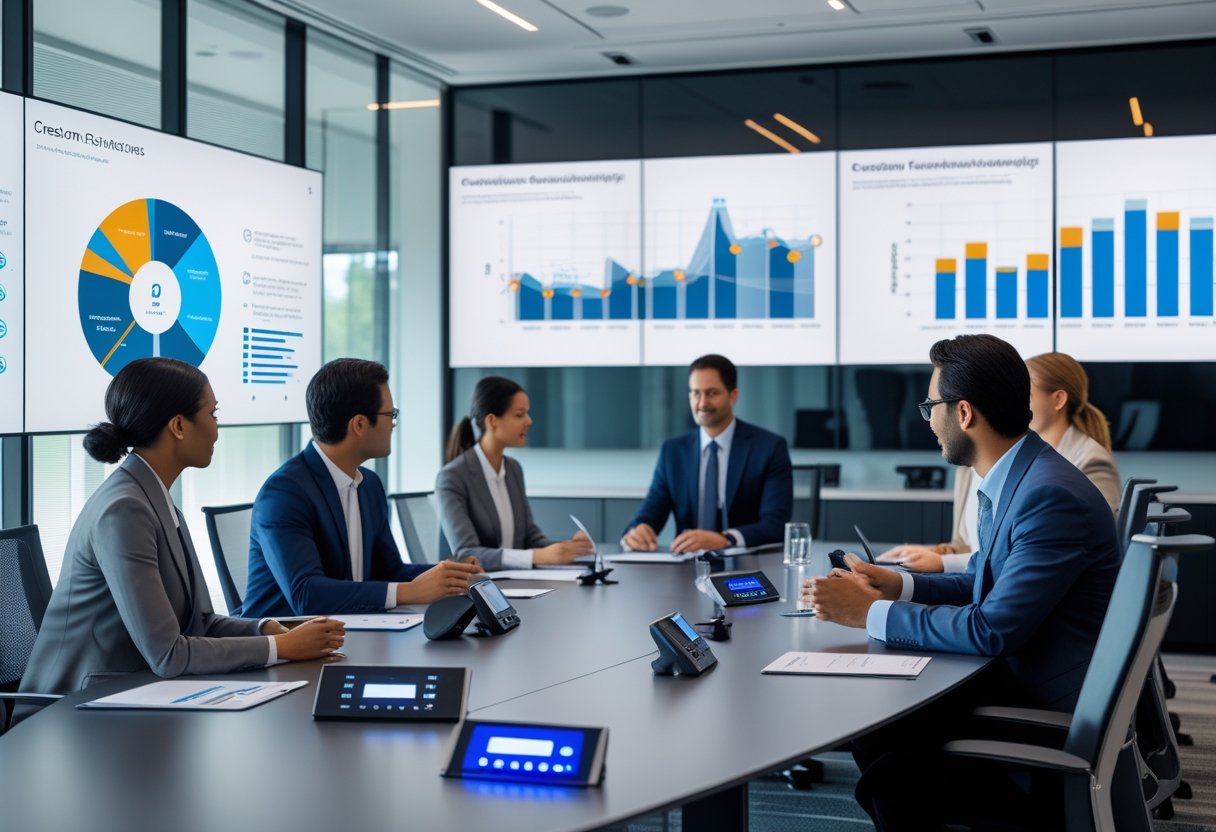 A group of professionals having a meeting in a modern office conference room with large screens and AV control panels.