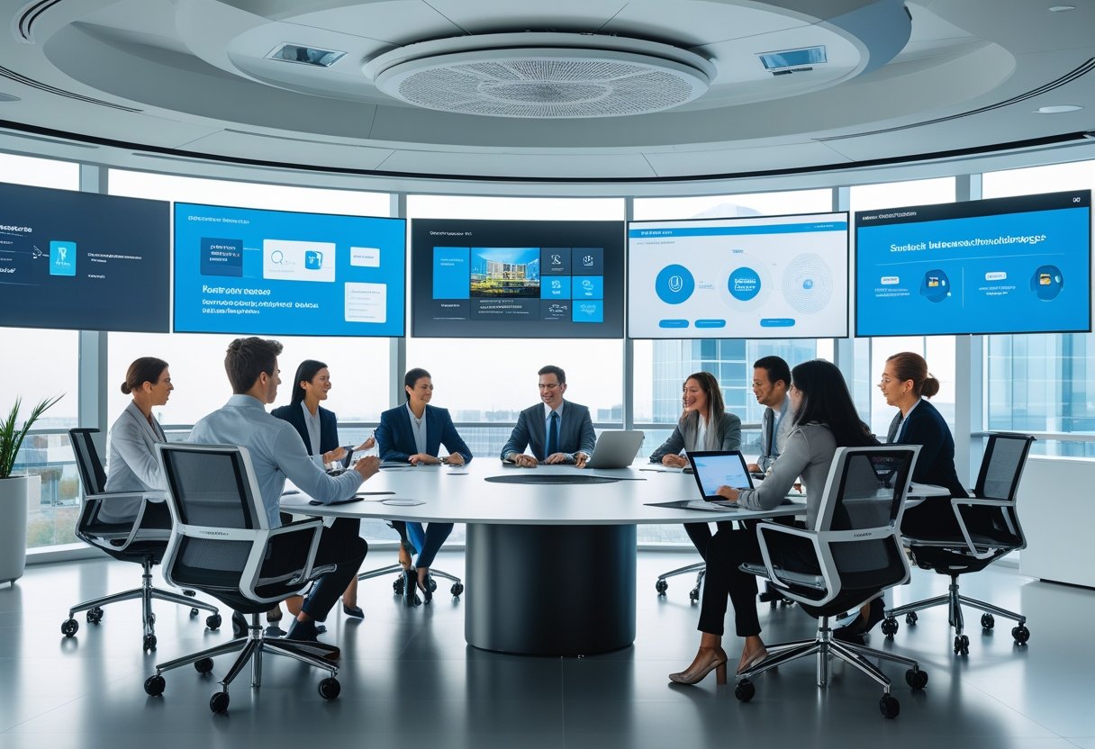 A group of professionals collaborating around a conference table with advanced technology and interactive screens in a modern office.
