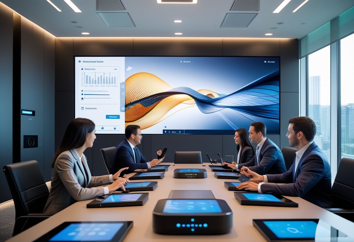 A modern corporate conference room with employees using advanced audiovisual equipment during a meeting.