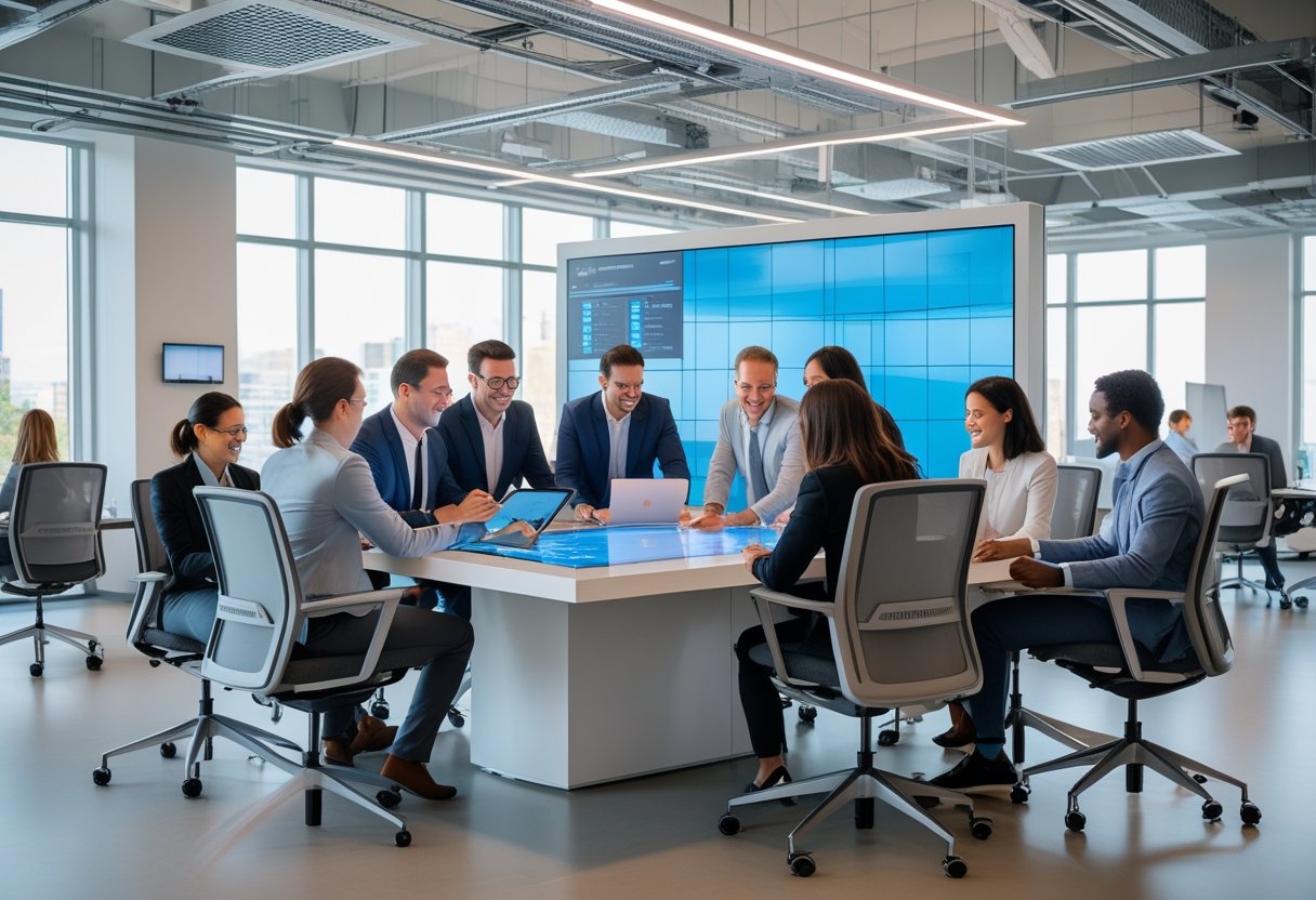 A group of professionals collaborating around an interactive touchscreen table in a modern office workspace equipped with advanced technology.