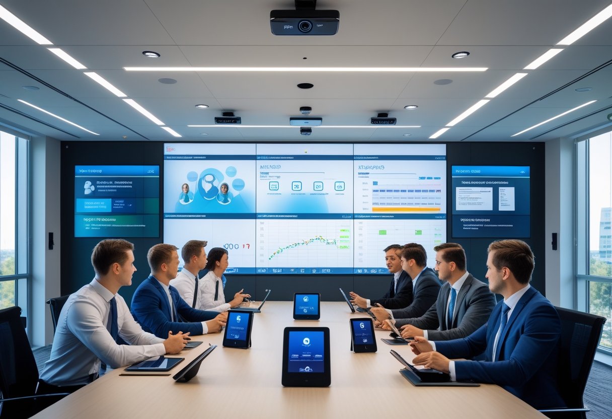 A group of professionals in a modern office conference room using smart devices and an interactive touchscreen display, with security cameras visible on the ceiling.