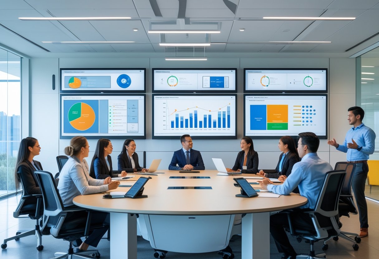 A group of professionals collaborating around a conference table in a modern office with advanced technology devices and large digital displays.