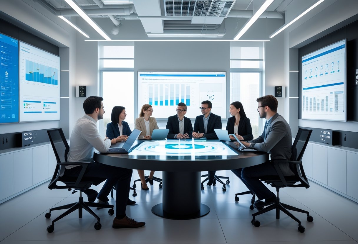 A group of professionals collaborating around a digital interactive table in a modern office with advanced technology and large digital displays.