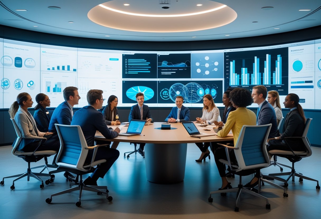 A group of professionals collaborating around a conference table in a modern meeting room equipped with advanced technology.