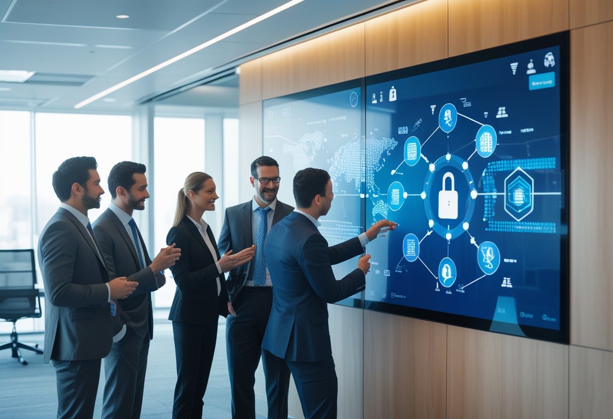 Business professionals collaborating around a digital touchscreen in a modern office with advanced technology equipment.