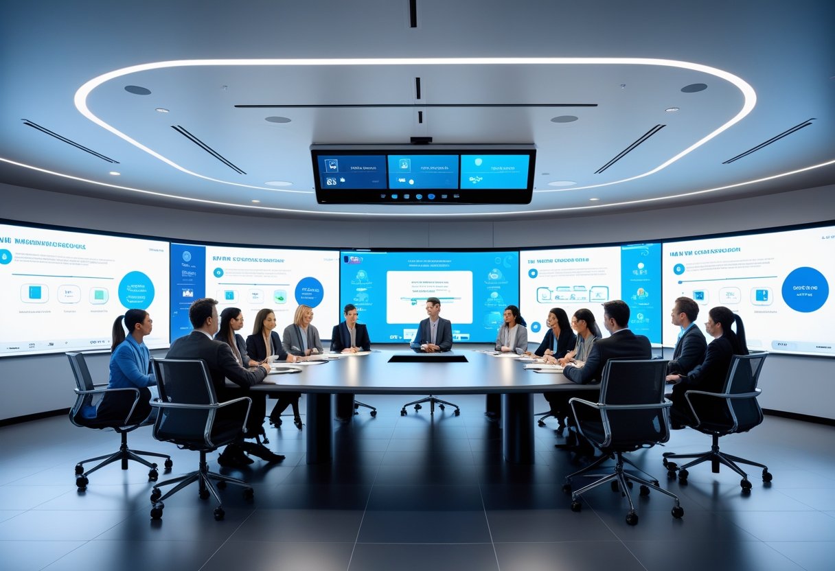 A modern meeting room with business professionals collaborating around a large table, surrounded by advanced technology and large interactive displays.