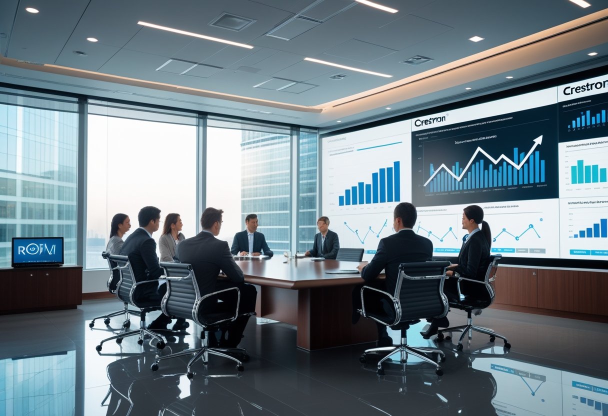 Business professionals collaborating in a modern office meeting room with advanced audiovisual equipment and large screens displaying data.