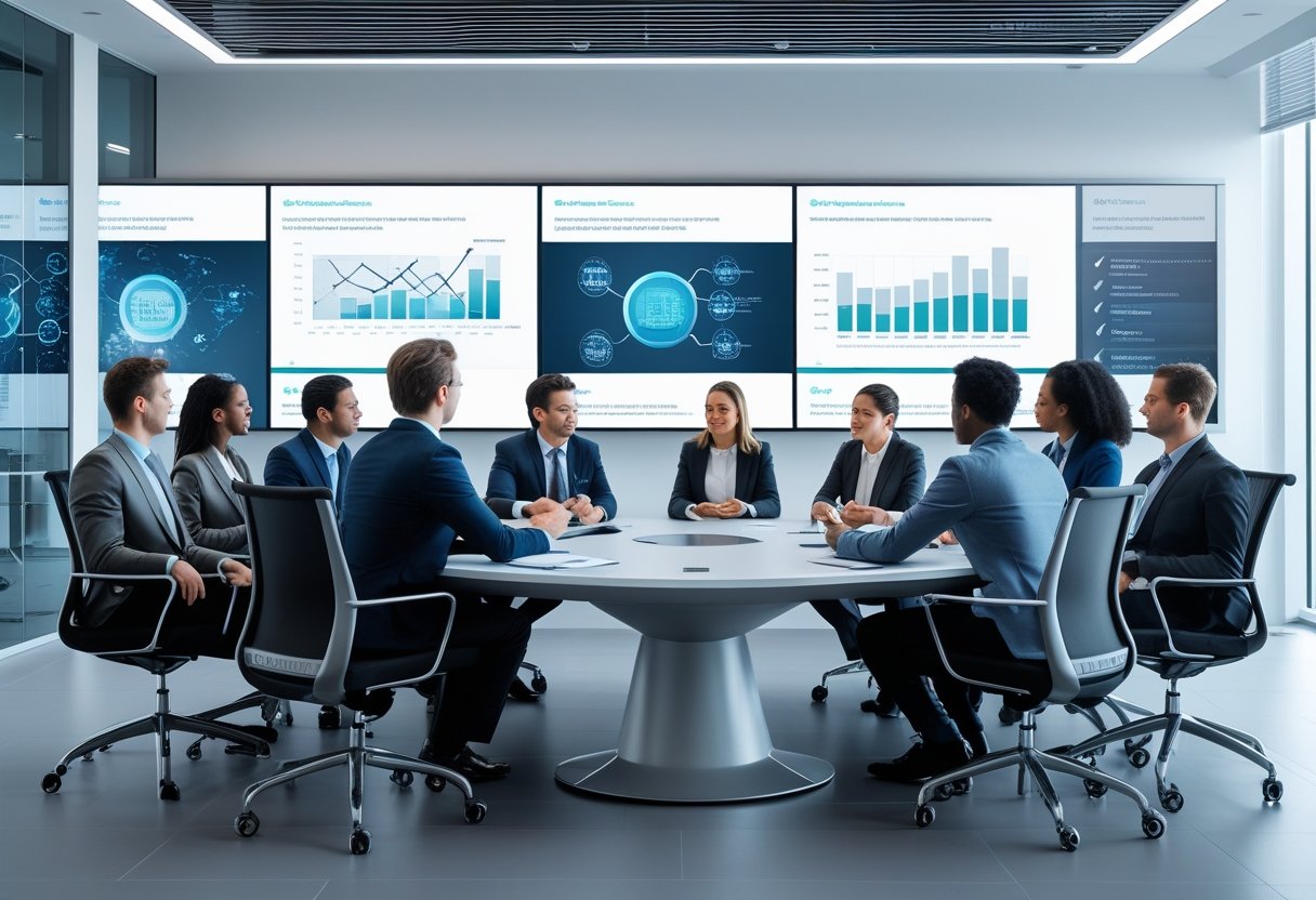 Business professionals in a modern conference room using advanced audiovisual technology during a meeting.