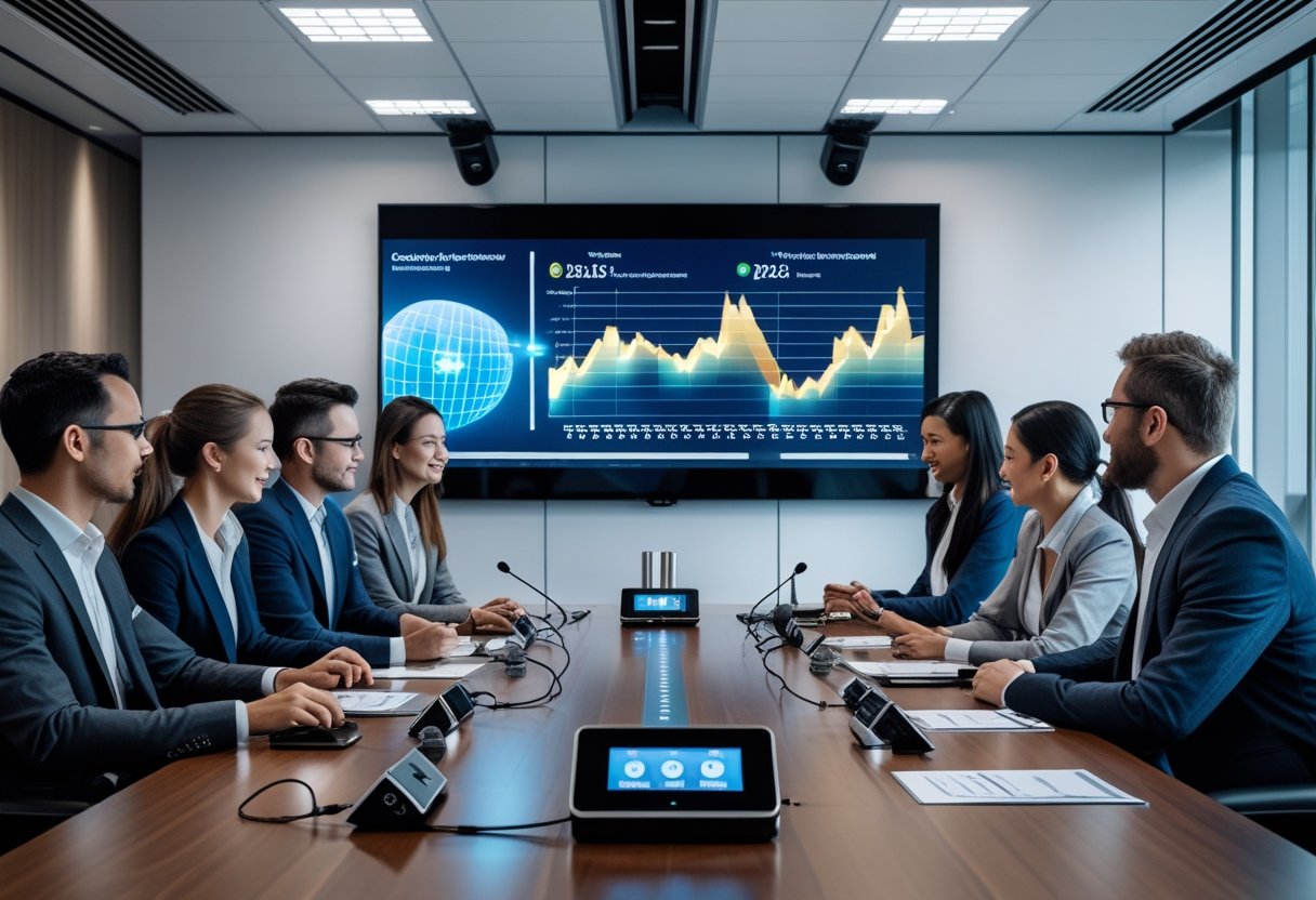 A group of professionals collaborating in a modern meeting room with advanced audio-visual equipment and a large screen displaying data.
