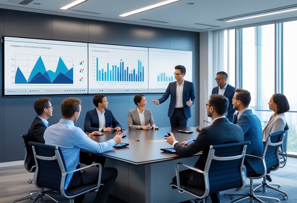 Business professionals in a modern conference room using advanced audiovisual equipment during a meeting.