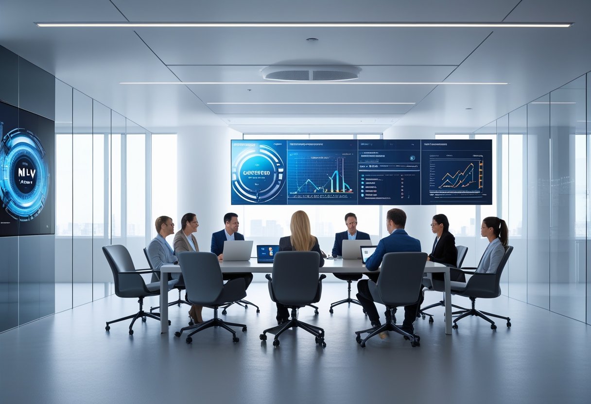 A modern meeting room with professionals collaborating around a table equipped with advanced technology and large digital displays.