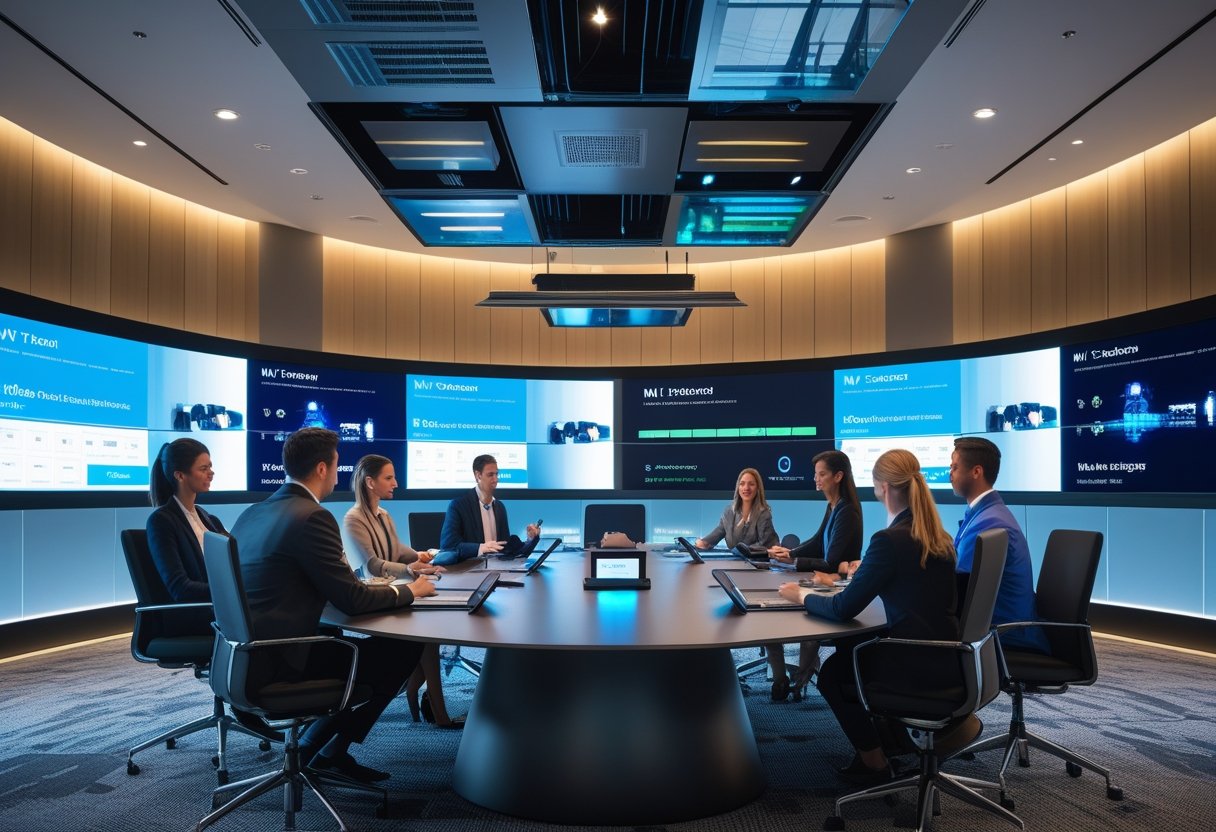A modern meeting room with business professionals using advanced audiovisual technology and multiple screens during a collaborative session.