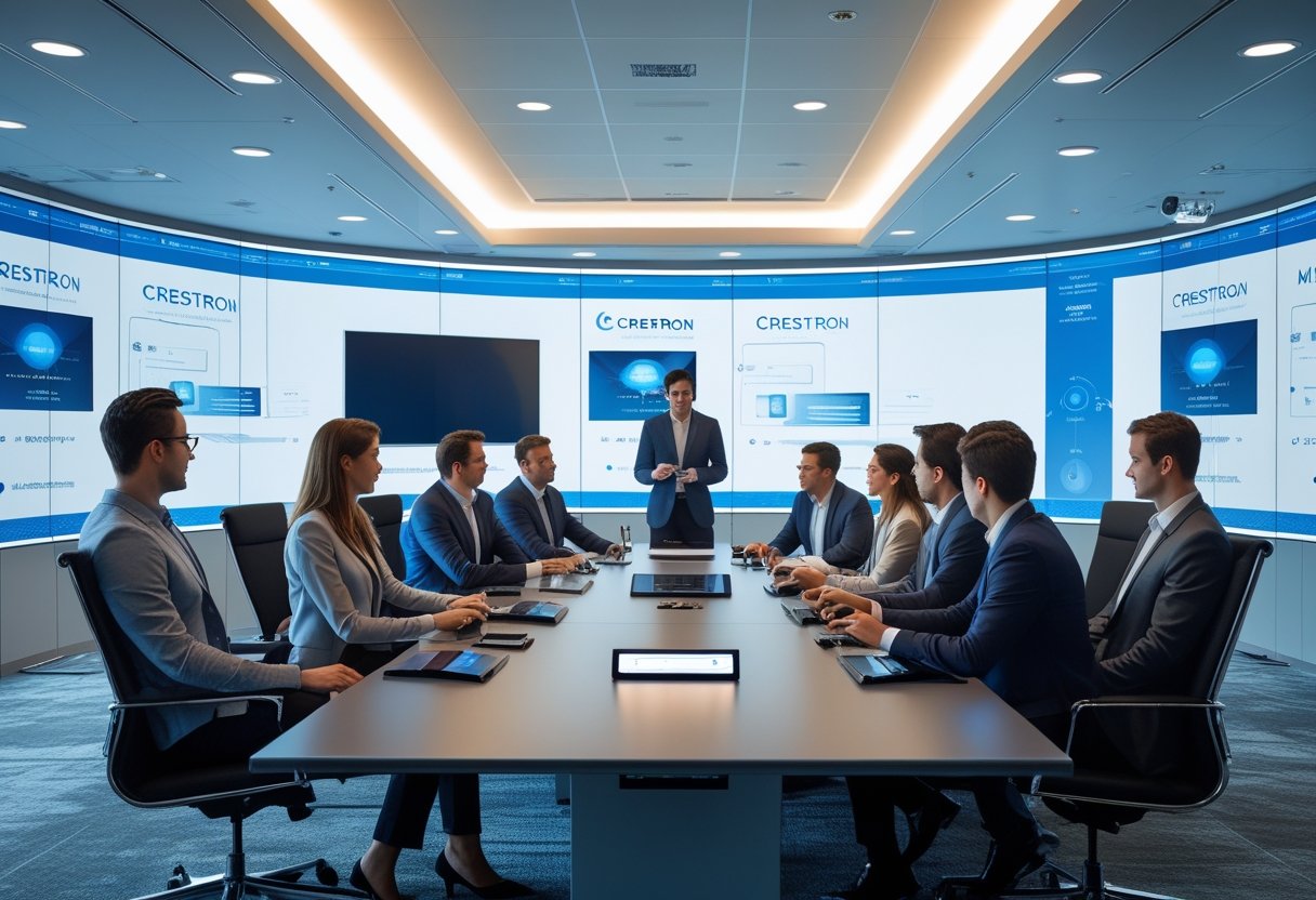 A group of business professionals in a modern conference room using advanced audiovisual equipment during a meeting.