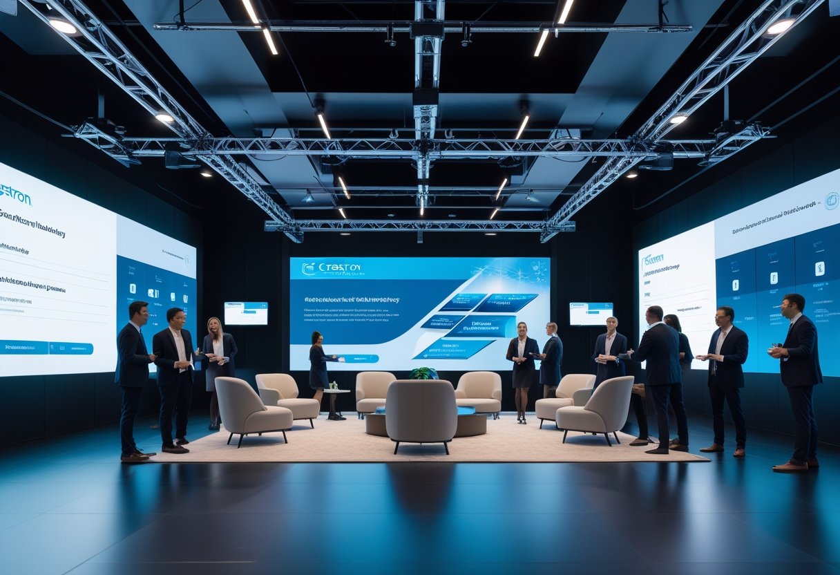 A modern corporate event space with professionals interacting around advanced audiovisual equipment and large screens.