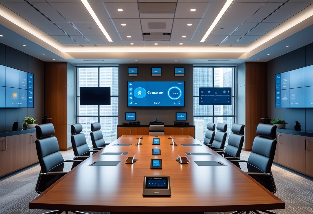 A modern corporate conference room with advanced audiovisual equipment including large displays, control panels, and microphones around a wooden table.