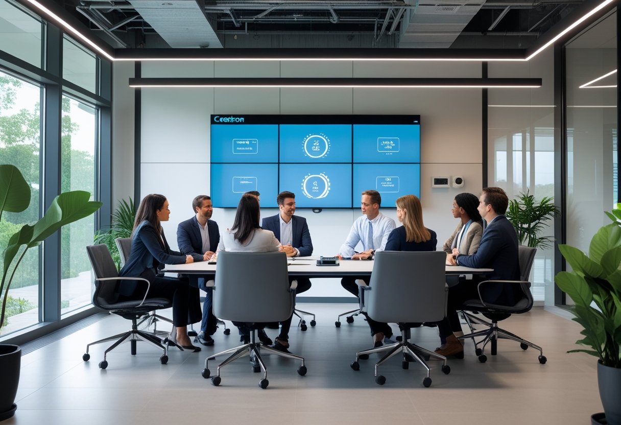 A team of professionals collaborating in a modern conference room with advanced audiovisual equipment and natural light.