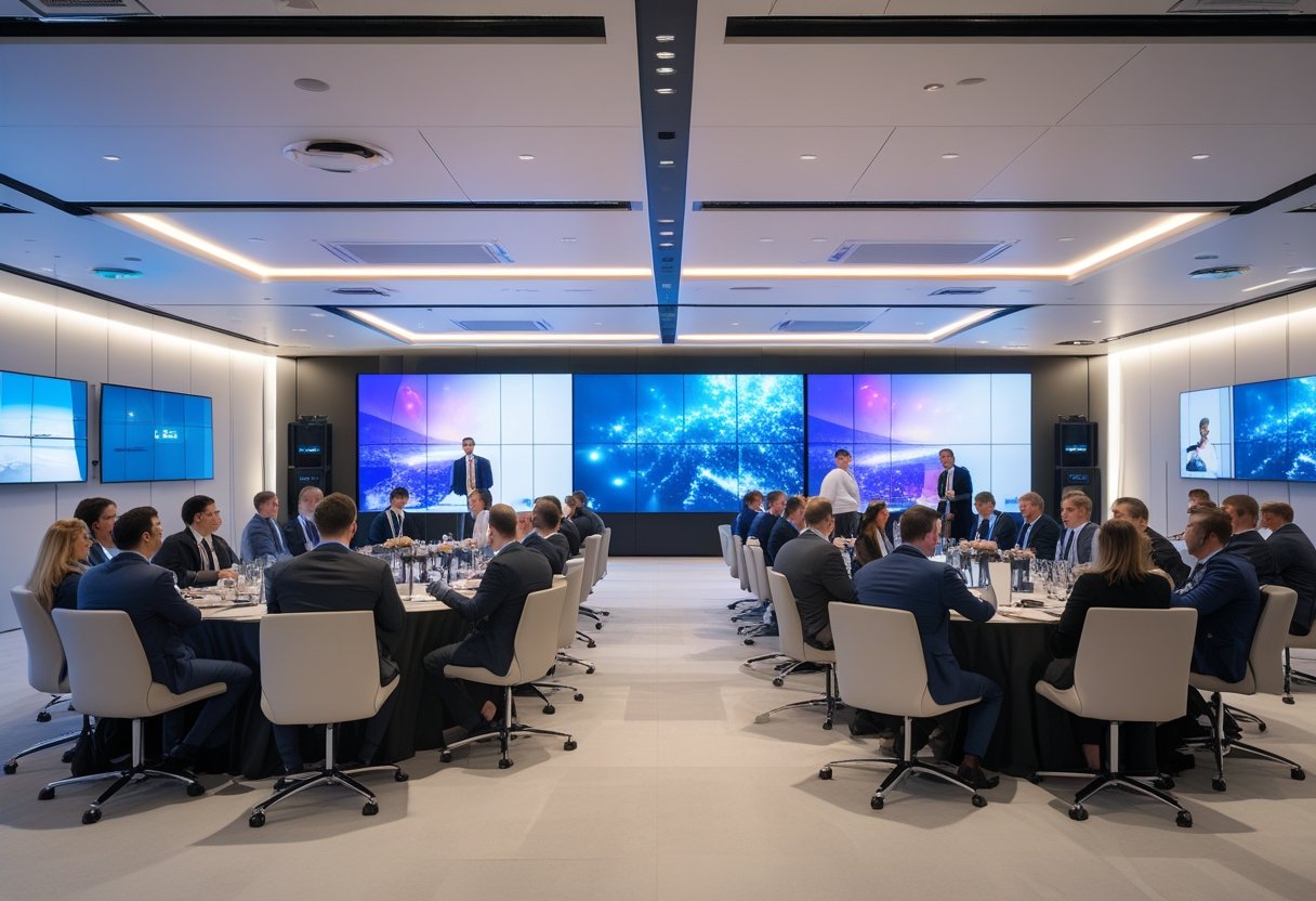 A modern corporate event space with business professionals interacting around advanced audiovisual equipment and large digital displays.