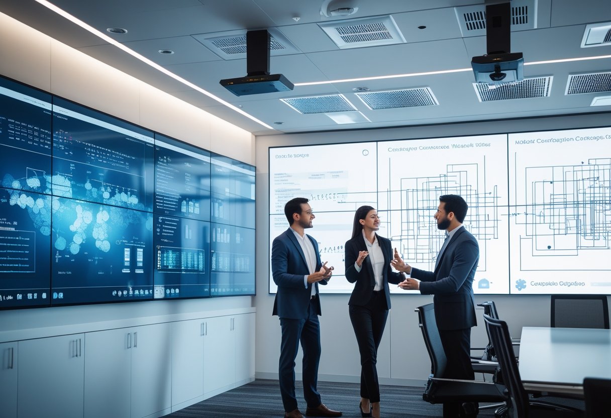 Two business professionals discussing in a modern conference room with large digital displays and advanced audiovisual equipment.