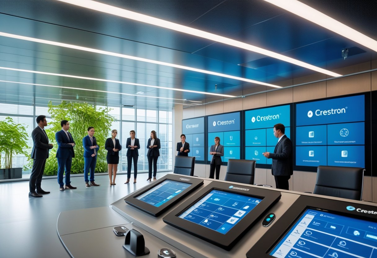 A group of professionals in a modern office using advanced AV control panels surrounded by natural light and greenery.