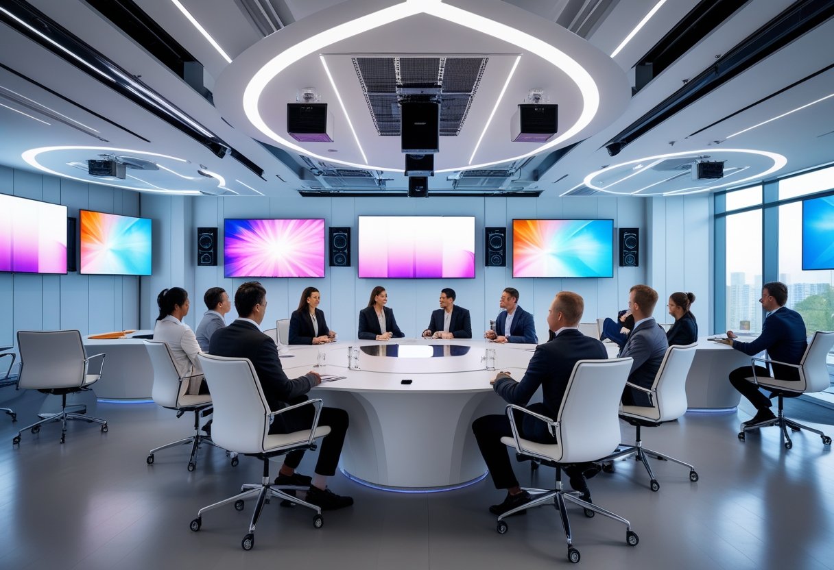 A modern corporate event room with professionals using advanced audio-visual equipment and large screens during a meeting.