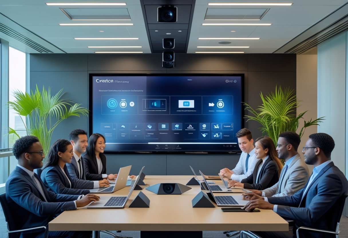 Business professionals collaborating around a conference table with a large interactive display and AV equipment in a modern meeting room.