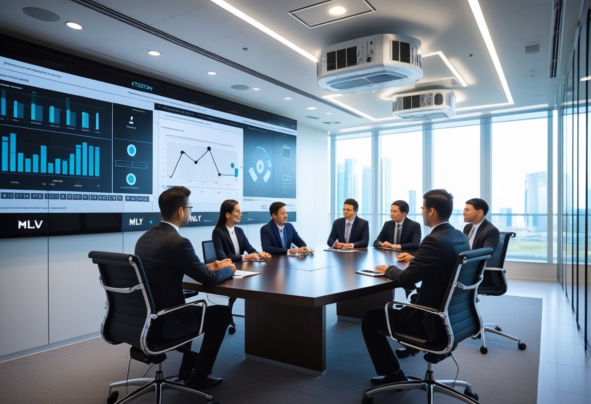 Business professionals collaborating in a modern conference room equipped with advanced technology devices and large windows letting in natural light.