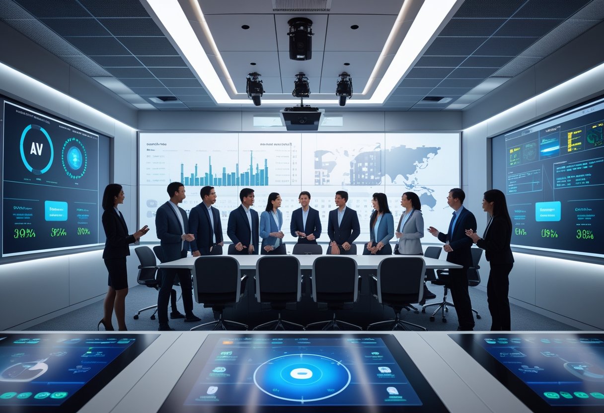 A group of professionals collaborating in a modern conference room with advanced audiovisual equipment and large digital displays.