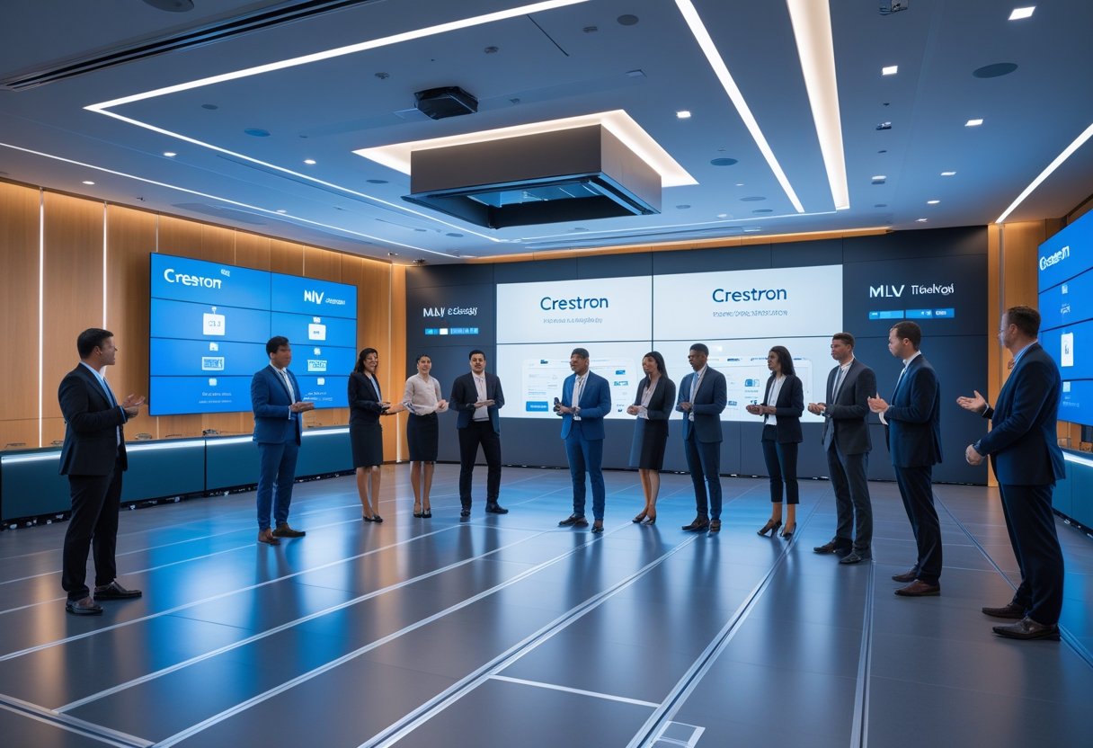 A modern corporate event space with business professionals engaged in a presentation surrounded by advanced audiovisual equipment.