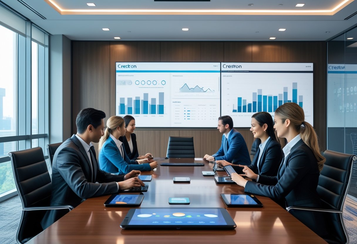 A group of business professionals collaborating in a modern conference room with a large interactive display and smart devices.