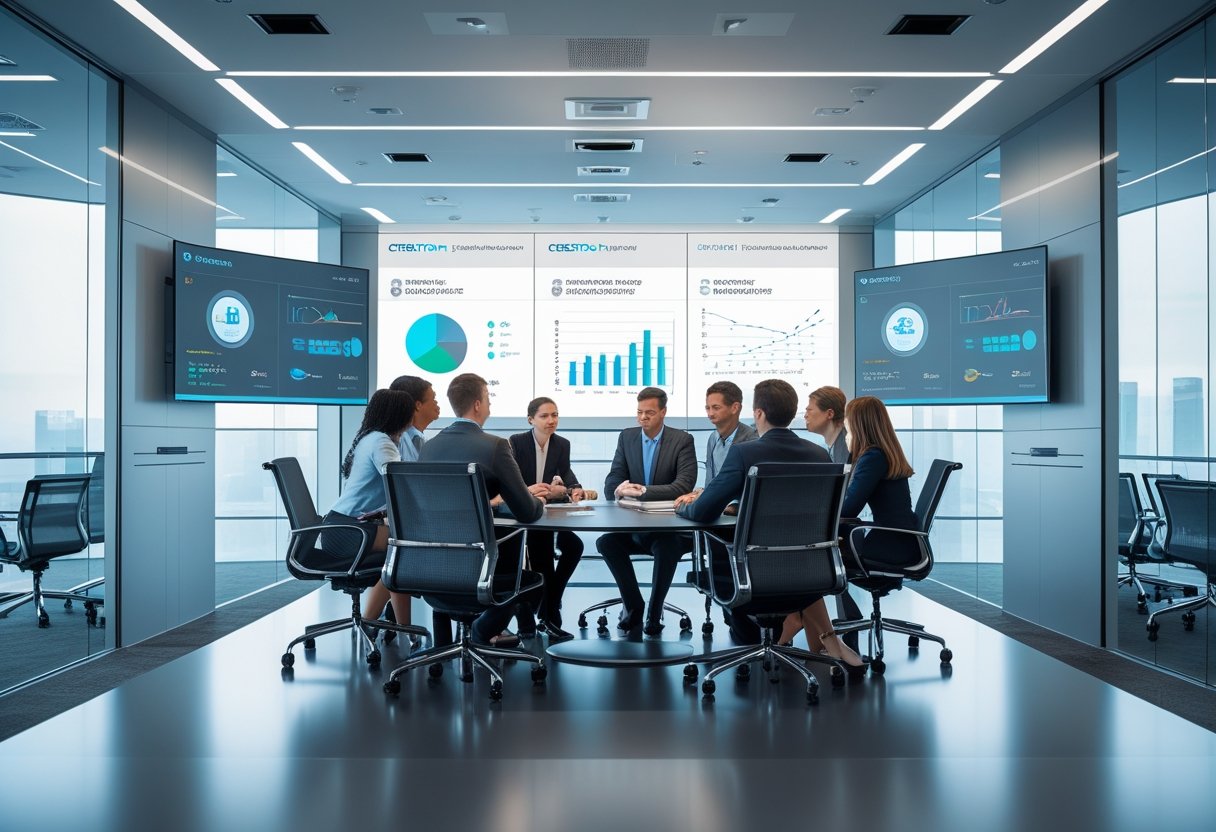 A group of business professionals collaborating in a modern conference room equipped with advanced Crestron technology and large interactive displays.