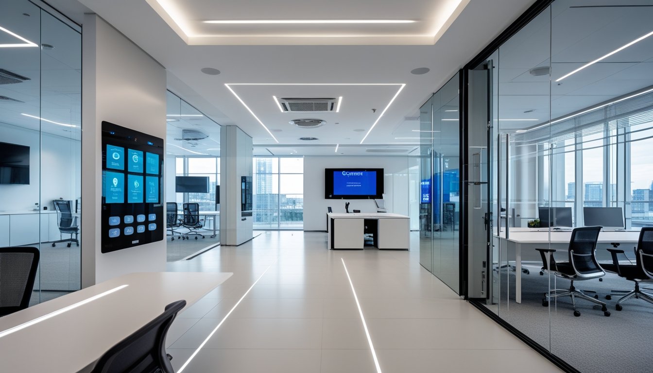 Interior kantor modern dengan peralatan teknologi canggih dan pencahayaan alami.