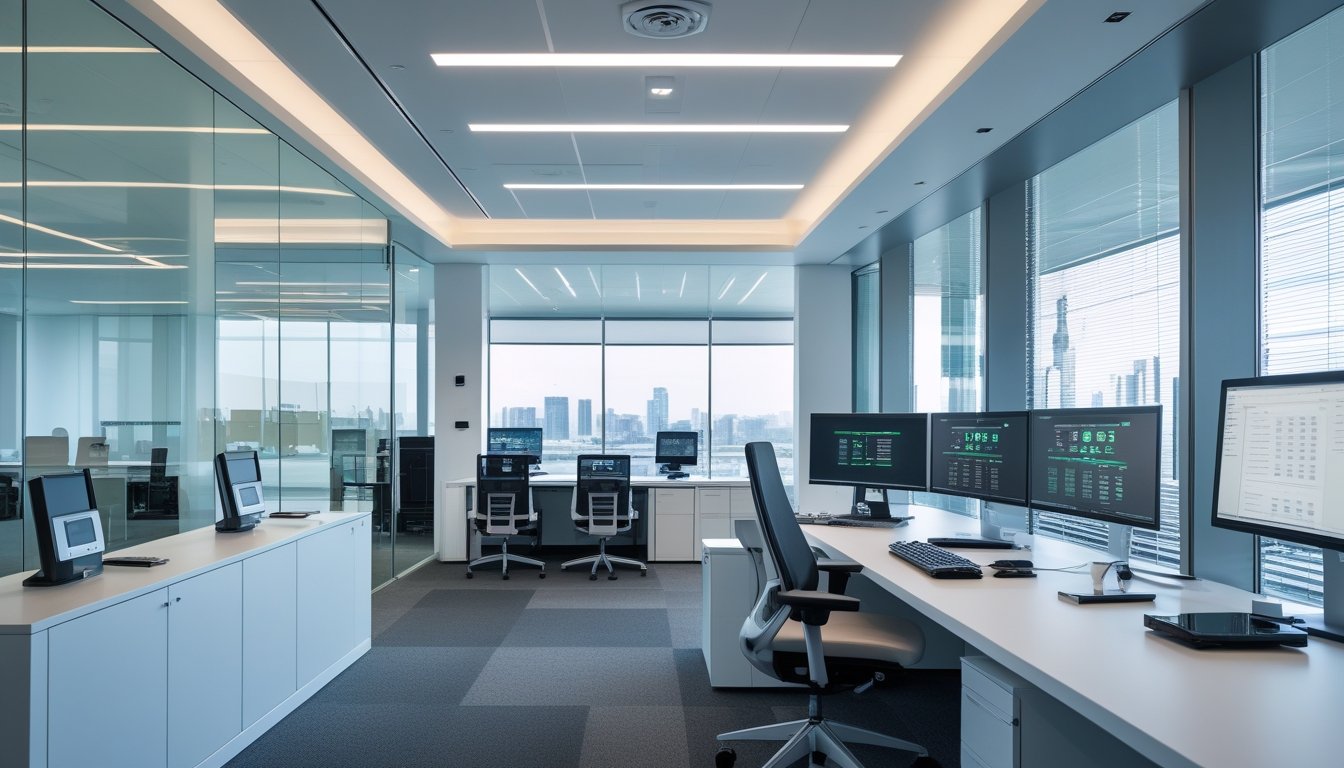 Interior kantor modern dengan perangkat teknologi canggih terpasang, menciptakan suasana kerja yang efisien dan inovatif.