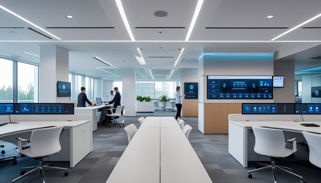 Interior kantor modern dengan peralatan teknologi canggih dan karyawan yang sedang bekerja.