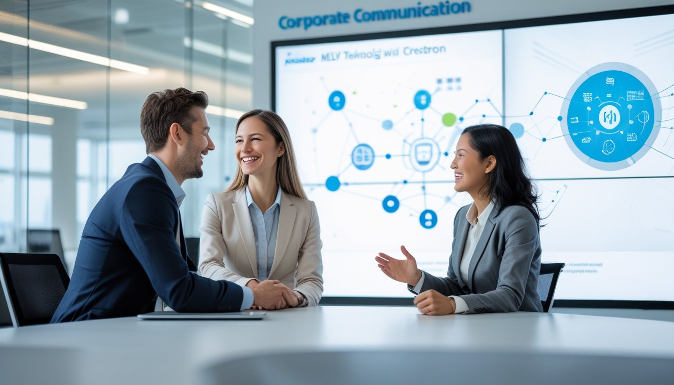 Dua profesional bisnis sedang berdiskusi di kantor modern dengan layar digital besar di latar belakang yang menampilkan grafik abstrak.