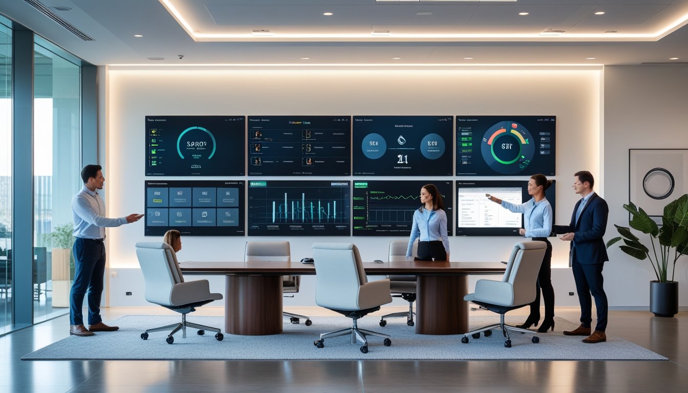 Ruang kantor modern dengan profesional yang menggunakan sistem kontrol teknologi canggih di ruang rapat.