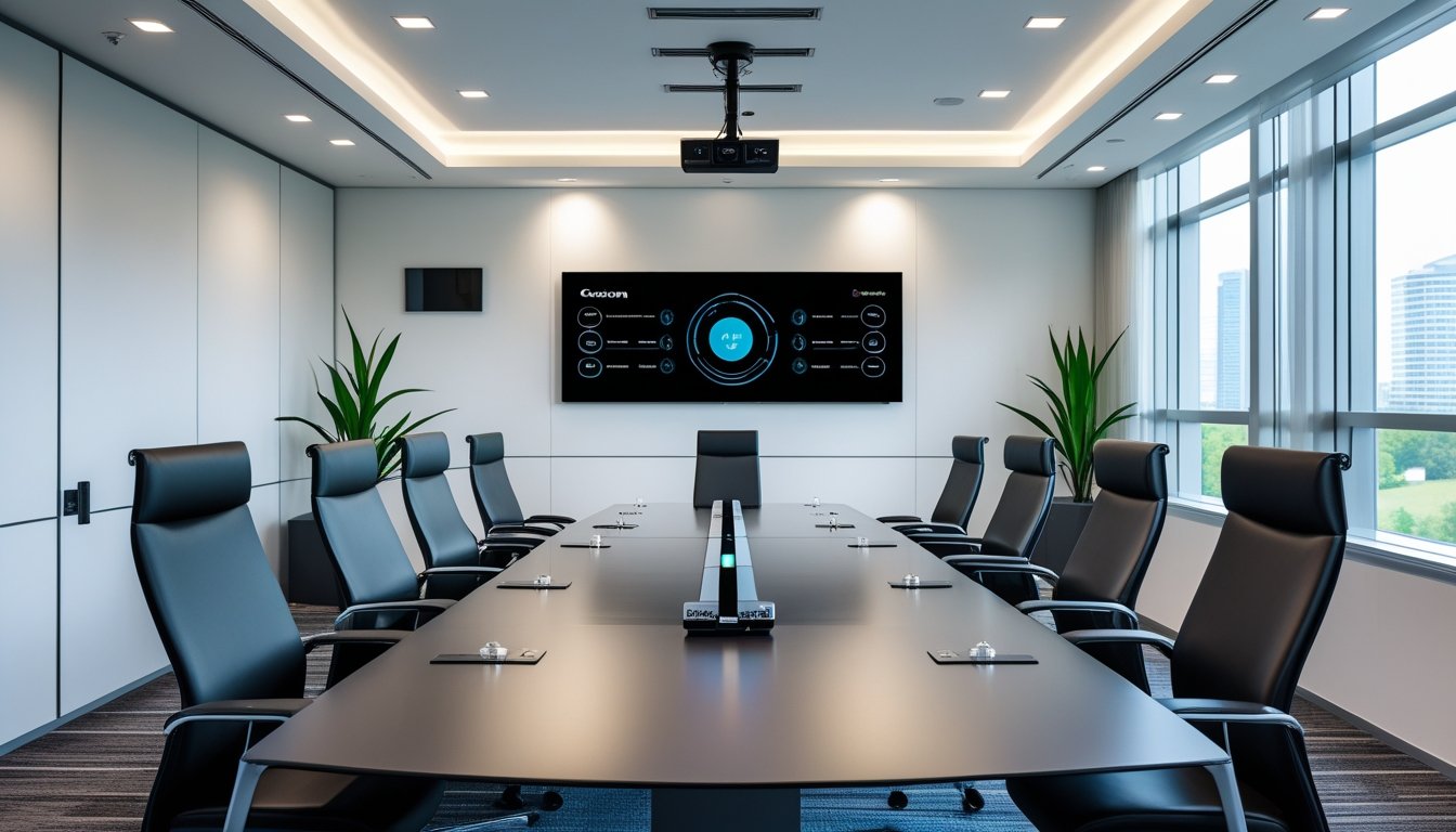 Ruang rapat modern dengan meja konferensi besar, kursi ergonomis, panel kontrol Crestron di dinding, pencahayaan alami, dan perangkat teknologi canggih.