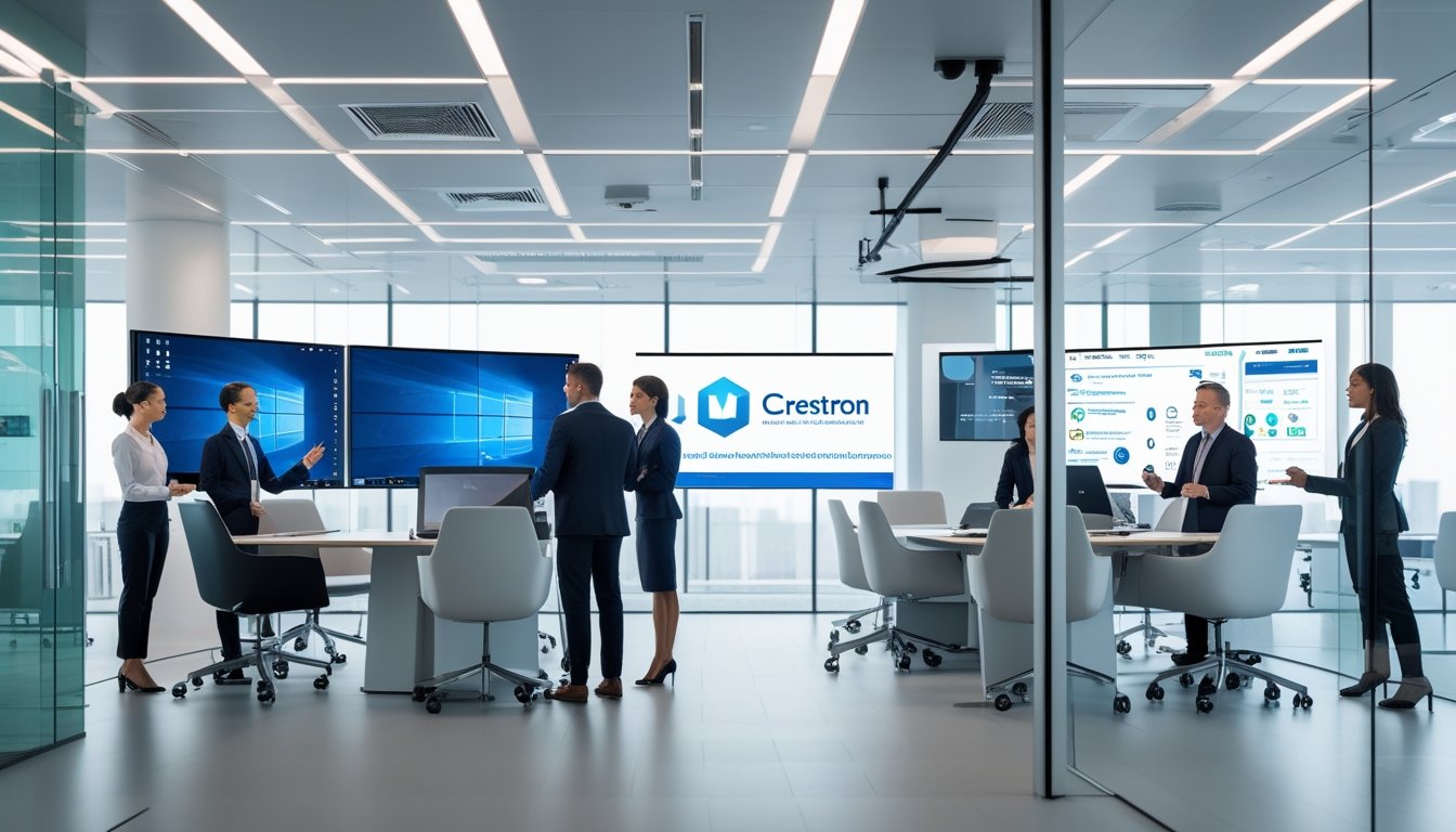 Sejumlah profesional bisnis bekerja sama di ruang kantor modern dengan perangkat teknologi komunikasi canggih.