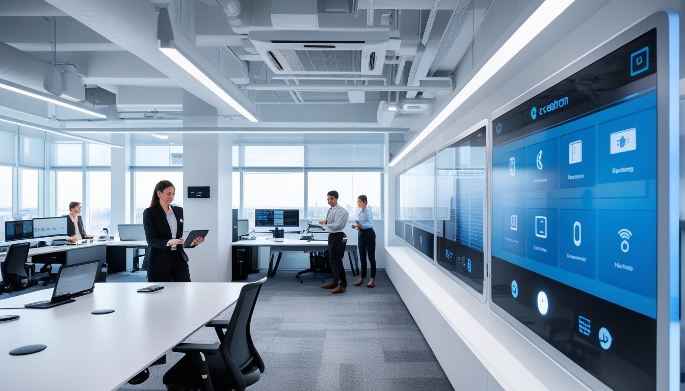 Suasana kantor modern dengan teknologi pintar, menampilkan karyawan yang menggunakan perangkat digital untuk mengontrol pencahayaan dan sistem konferensi.